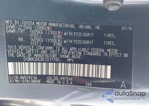 2014 Toyota Sienna Le V6 8 Passenger z USA, uszkodzony, nr VIN 5TDKK3DC8ES511145